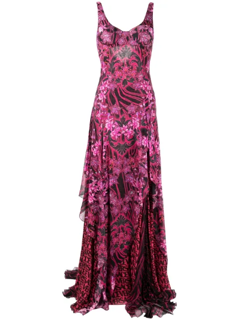 Versace Orchid Barocco-print ruffled silk dress Black 10100191A07272