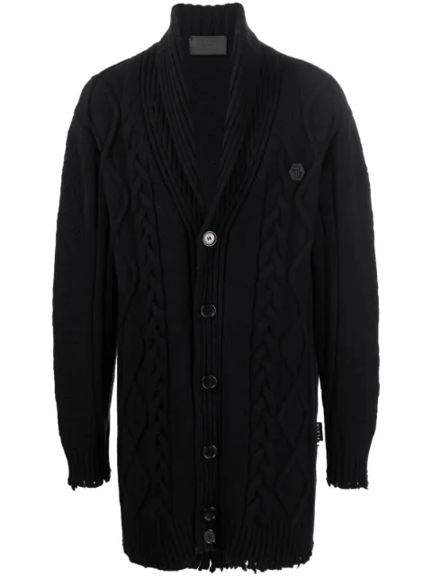 Philipp Plein cable-knit distressed-finish cardigan Black FACCMKQ0061PKN002N