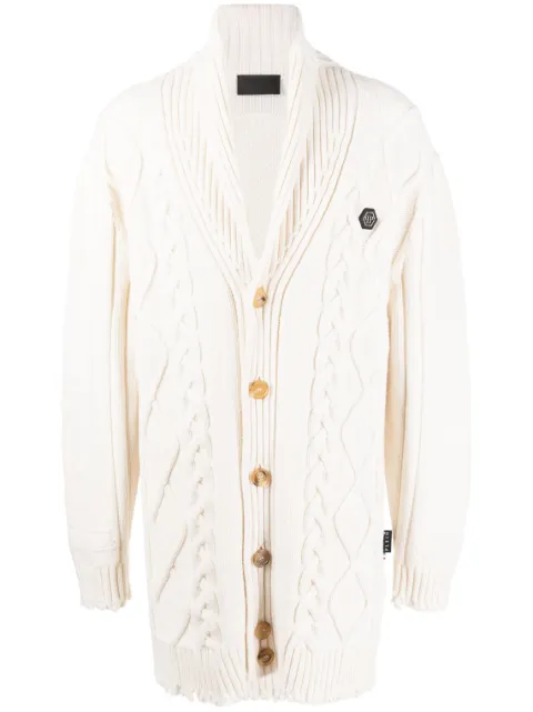 Philipp Plein cable-knit distressed-finish cardigan White FACCMKQ0061PKN002N