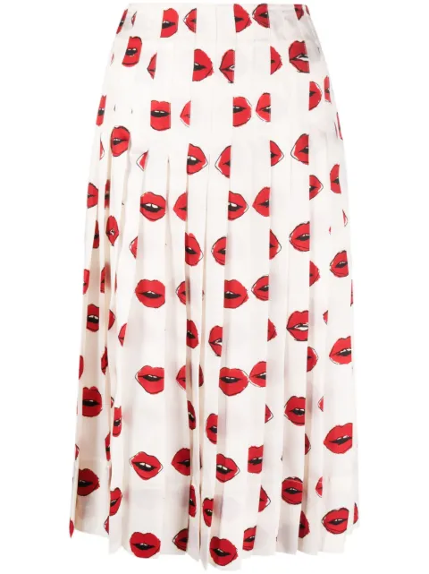 KHAITE Tudi lip-print pleated skirt White 41054076590