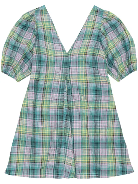 GANNI check-pattern V-neck minidress Green F7854