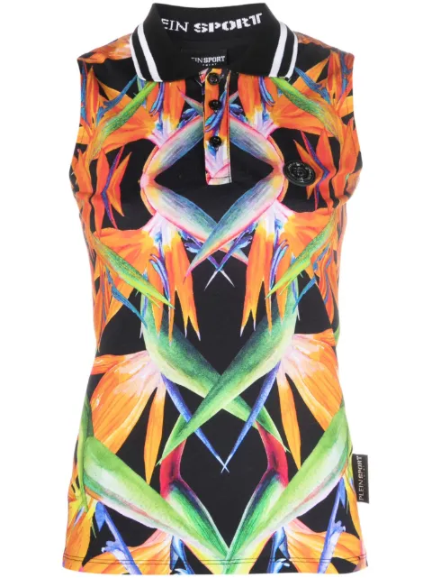 Plein Sport floral-print sleeveless cotton polo shirt Black FACCWTK2946SJY001N