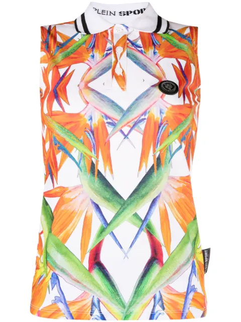 Plein Sport floral-print sleeveless cotton polo top White FACCWTK2946SJY001N