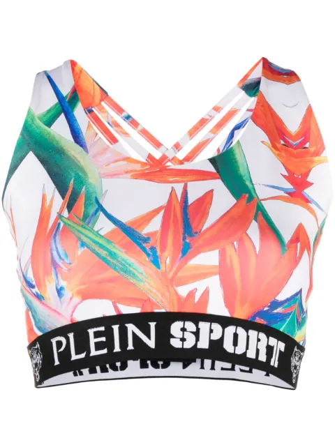 Plein Sport botanical-print jogging bra White FACCWJU0034SXV018N