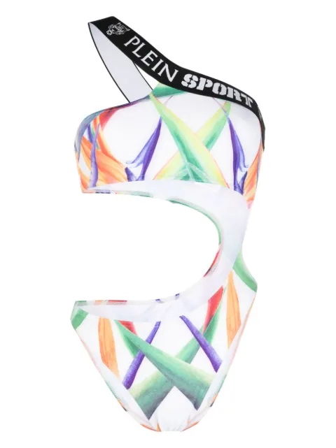 Plein Sport graphic-print one-shoulder swimsuit White FACCWMX0236STE003N