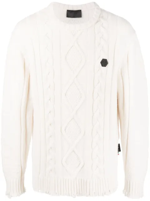 Philipp Plein cable-knit distressed-finish jumper White FACCMKO1273PKN002N