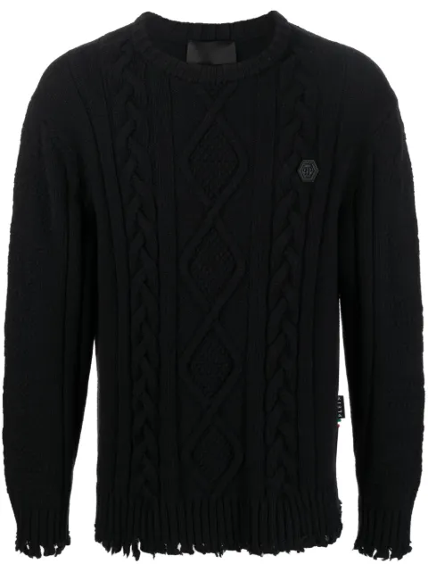 Philipp Plein cable-knit distressed-finish jumper Black FACCMKO1273PKN002N