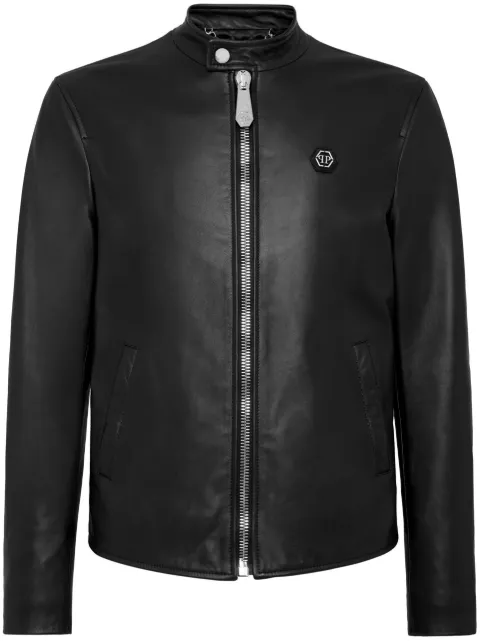 Philipp Plein logo-patch leather jacket Black FACCMLB1592PLE010N