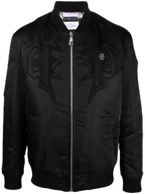 Philipp Plein logo-embroidered satin bomber jacket Black FACCMRB2176PTE003N