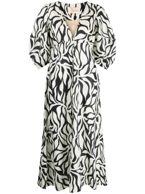 Cala de la Cruz botanical-print button-up v-neck dress Neutrals 22A158