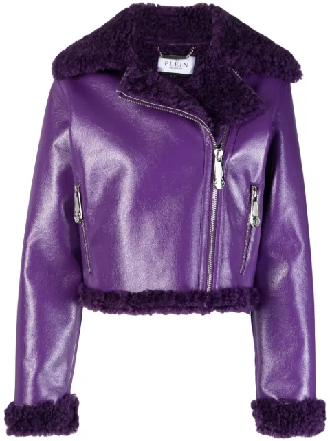 Philipp Plein faux shearling-trim biker jacket Purple FACCWRB1232PTE003N
