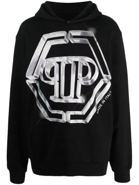 Philipp Plein logo-print cotton hoodie Black FACCMJB3070PJO002N