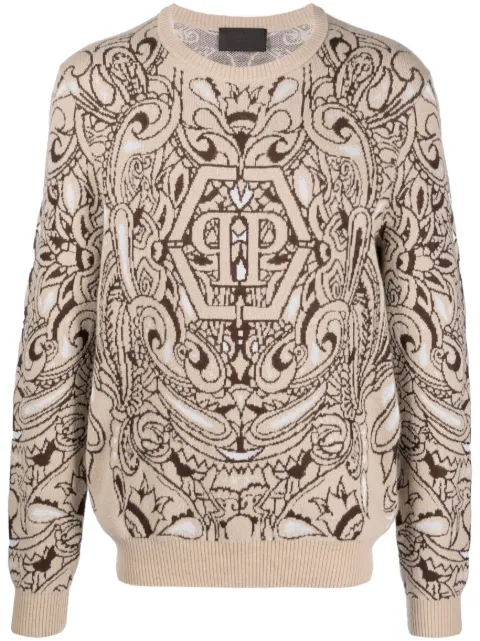 Philipp Plein paisley-print cashmere-silk jumper Neutrals FACCMKO1277PKN002N