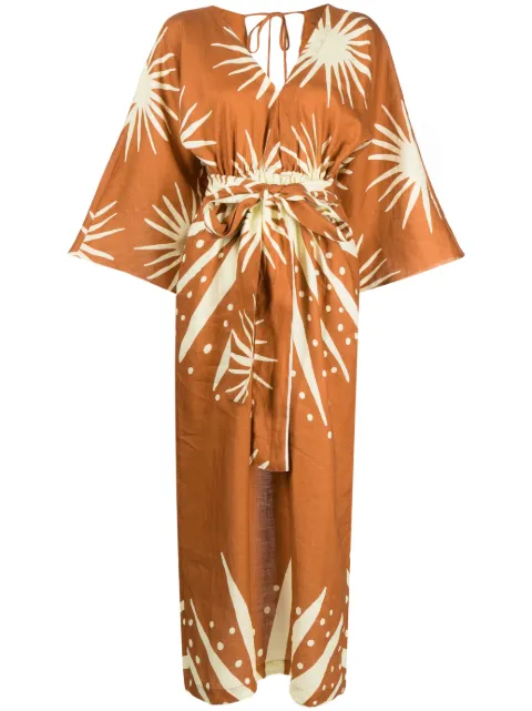 Cala de la Cruz graphic-print linen dress Brown 22A159