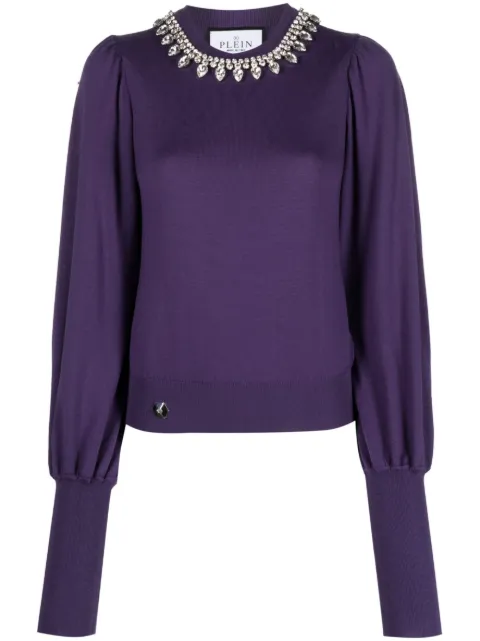 Philipp Plein Crystal-embellished wool knitted jumper Purple FACCWKO0569PKN002N