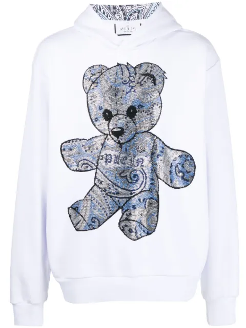 Philipp Plein rhinestone teddy-bear print hoodie White FACCMJB3043PJO002N