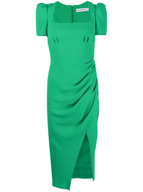 Self-Portrait gathered puff-sleeve dress Green SS23121MG