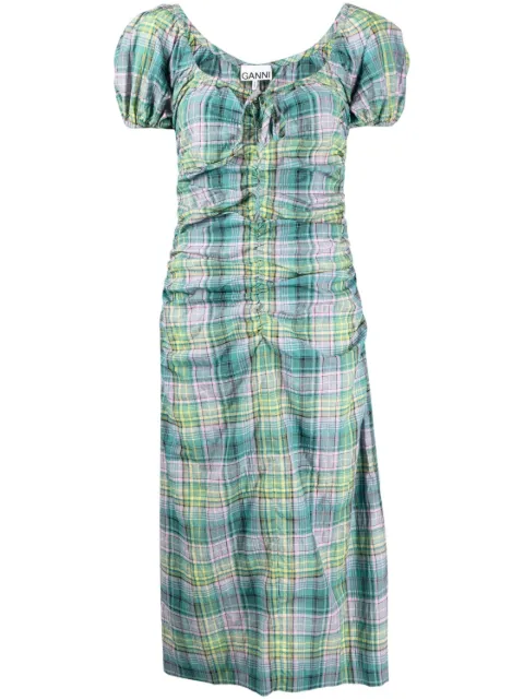 GANNI checked seersucker midi dress Green F7654