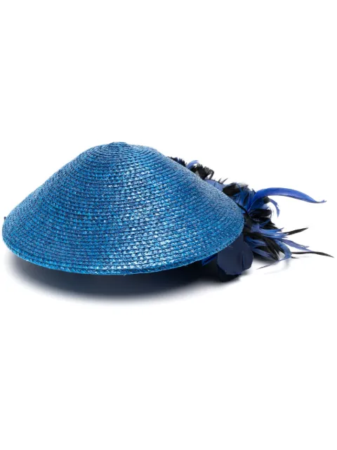 Saint Laurent Pre-Owned 1970s feather-detailing woven hat Blue YSL720