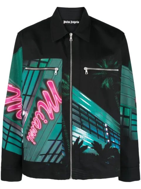 Palm Angels Miami-print cotton jacket Black PMGE001S23FAB0011084