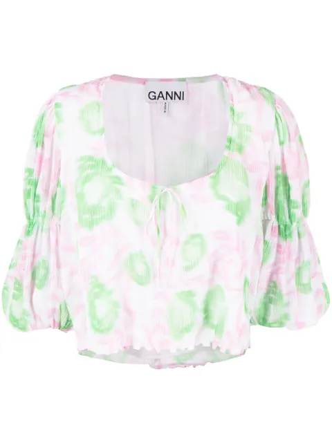 GANNI floral-print pleated georgette blouse Pink F7741