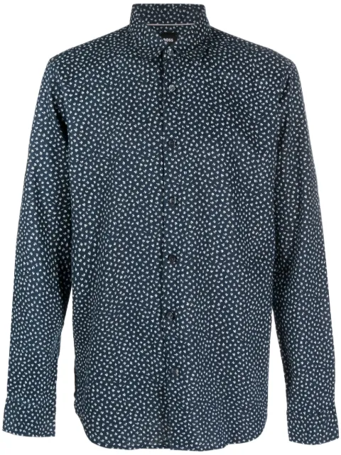 BOSS abstract-print linen shirt Blue 50490368
