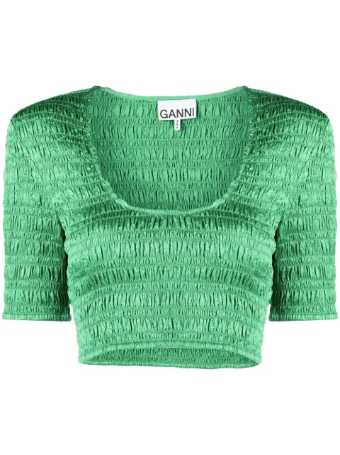 GANNI cropped smocked top Green F7862