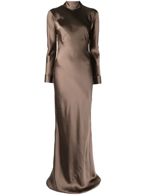 Michelle Mason open-back long-sleeve gown dress Brown M9370C