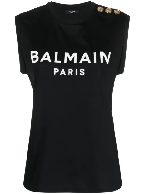 Balmain logo-print button-embellished top Black AF1ED000BB02