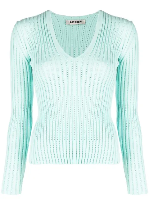 AERON ribbed V-neck long-sleeve top Blue AW23RSTO426430332