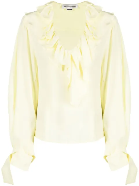 Victoria Beckham ruffled V-neck silk blouse Yellow 1123WTP004442A