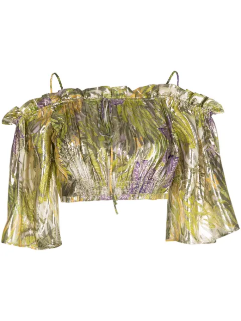 Hayley Menzies metallic printed off-shoulder top Green SS2300735WVTPLCG