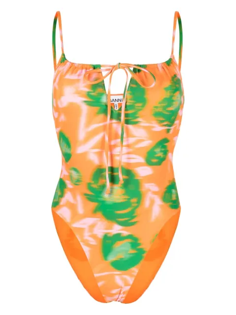 GANNI floral-watercolor print swimsuit Orange A4687