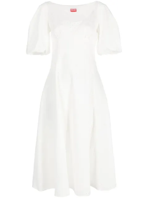 Kenzo puff-sleeve embroidered midi dress White FD52RO1169FG