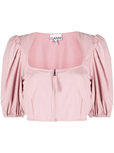 GANNI cropped puff-sleeve blouse Pink F7757
