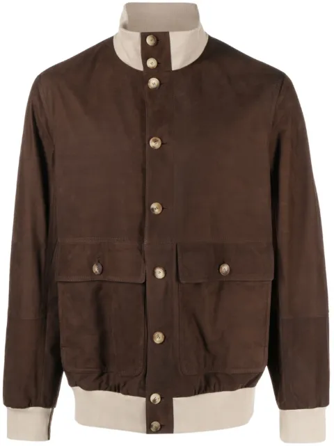 Brunello Cucinelli contrasting-detail suede bomber jacket Brown MPLBY1929CJT43