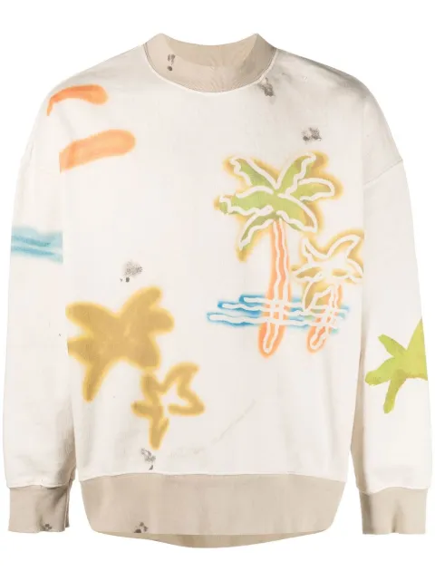 Palm Angels Sprayed Palm-print cotton sweatshirt Neutrals PMBA065S23FLE0050384