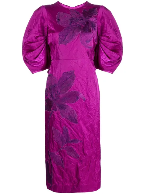 ERDEM floral-embroidered puff-sleeve midi dress Purple 21821ATS