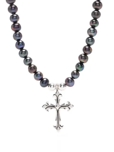Emanuele Bicocchi Black pearl necklace with fleury cross Black PRCN4B