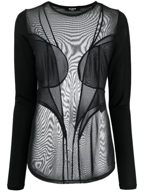 Balmain semi-sheer panelled top Black AF1AR460MC18