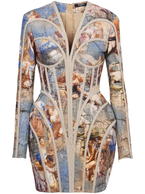 Balmain Sky-print linen dress Multicolour AF0R9014HB15