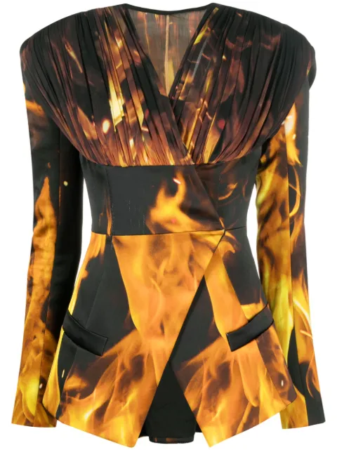 Balmain fire-print collarless blazer Black AF0SM170MC58