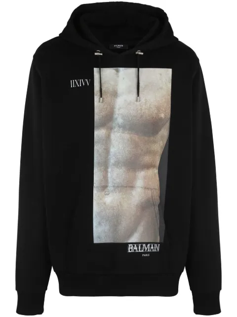 Balmain graphic-print cotton hoodie Black AH0JT047GC87