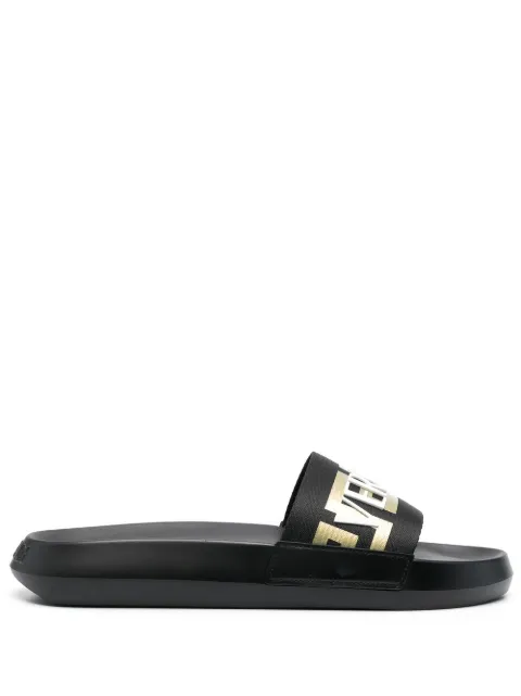 Versace logo-appliqué open toe slides Black 10087321A05627