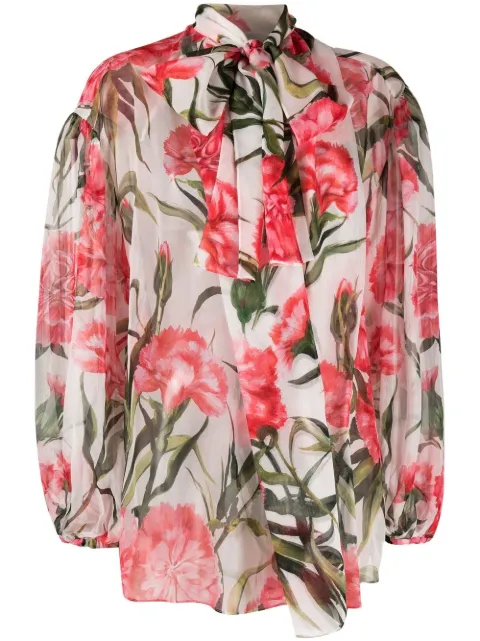 Dolce & Gabbana Carnation-print tie-neck silk blouse White F5P73TIS1P0