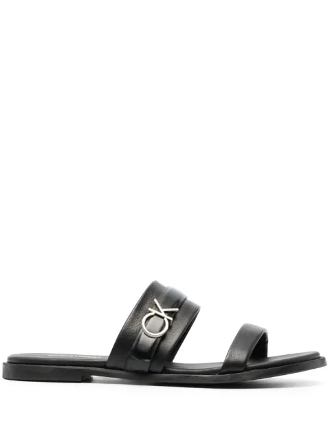 Calvin Klein logo-lettering flat leather sandals Black HW0HW01482