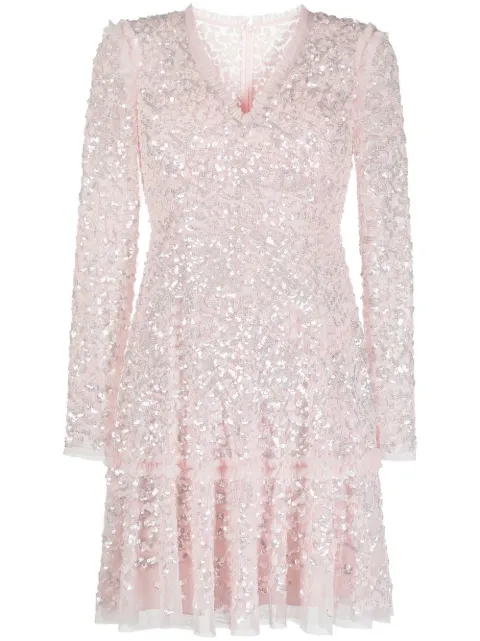 Needle & Thread sequinned long-sleeve skater dress Pink DSLSH1RPS23