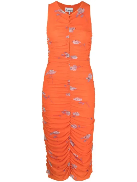 GANNI rose-print ruched mesh dress Orange T3340