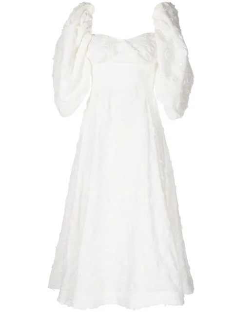 ANOUKI puff-sleeve floral-embroidered midi dress White ARS23N16DROWFL