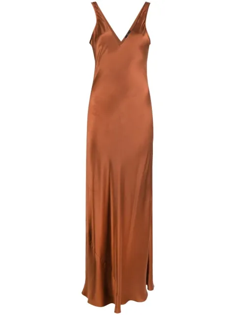 VOZ V-neck silk long dress Brown VD50RUST